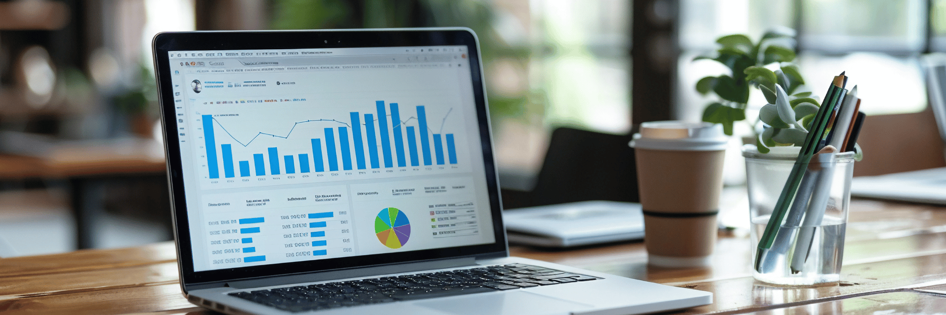 Auf dem Laptop ist ein Dashboard zu sehen, dass von einer Business Software geliefert wird.