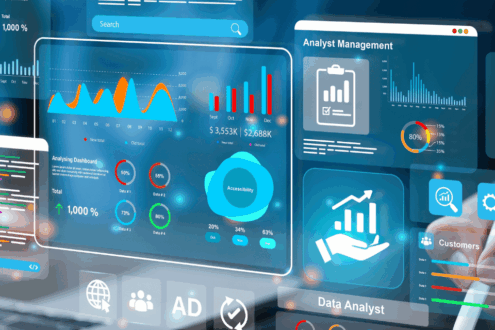 Modernes Dashboard über einem Laptop schwebend, auf dem kaufmännische Software genutzt wird.