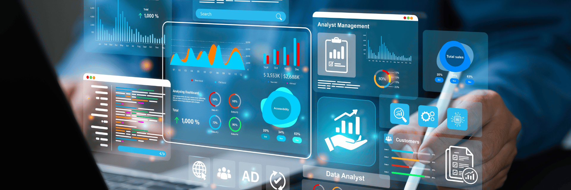 Modernes Dashboard über einem Laptop schwebend, auf dem kaufmännische Software genutzt wird.